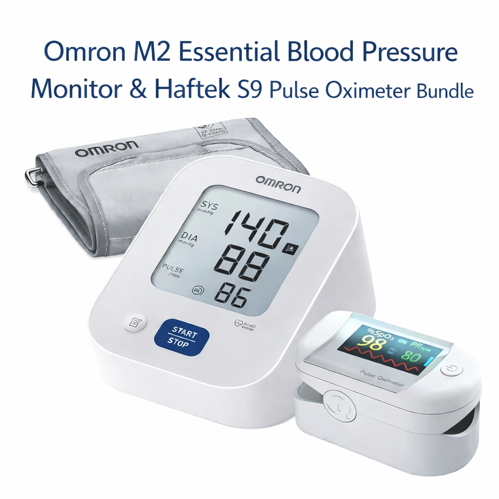 Omron M2 Essential Blood Pressure Monitor & Haftek S9 Pulse Oximeter Bundle – Home Monitoring Kit  Only £29.99