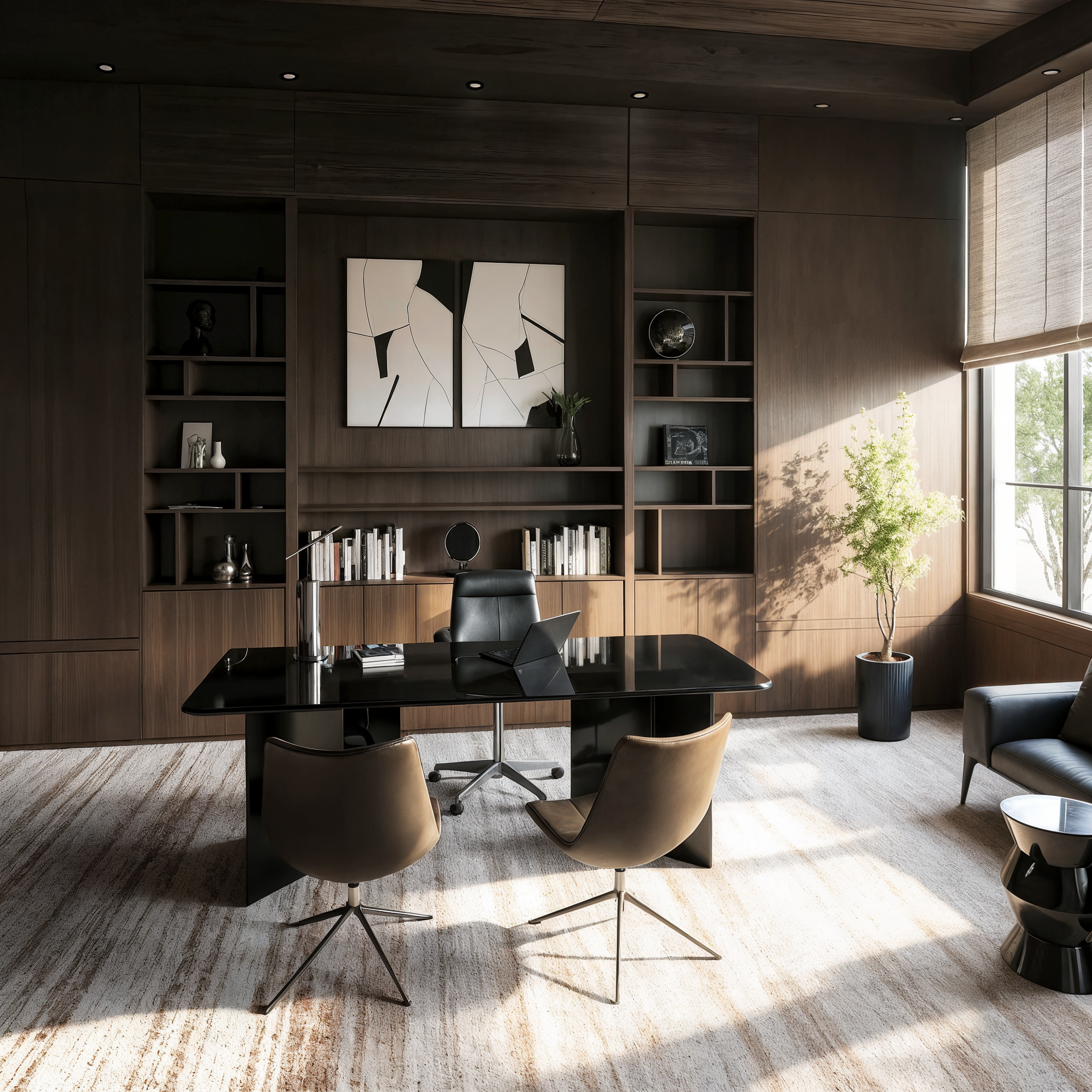 Ein modernes Arbeitszimmer mit einem dunklen Konferenztisch, bequemen Stühlen, einer großen Holzregalwand mit dekorativen Gegenständen, einer weißen Wandkunst, einem großen Fenster mit Sonnenlicht und Pflanzen
