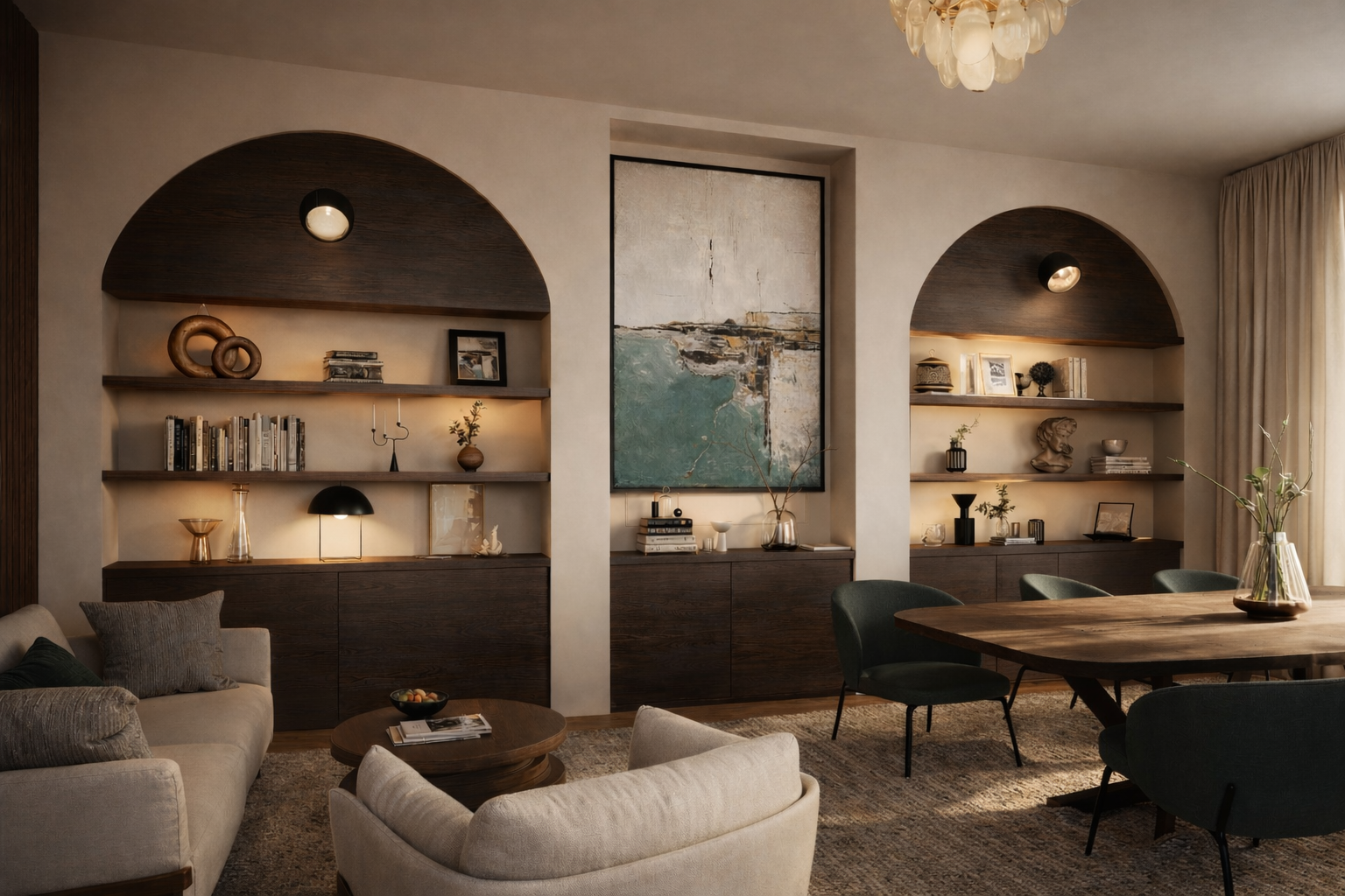 Wohnzimmer mit dunklen Holzregalen, einem großen abstrakten Wandbild, einem Esstisch, gemütlichen Sesseln und dekorativen Gegenständen wie Vasen, Büchern und Skulpturen.