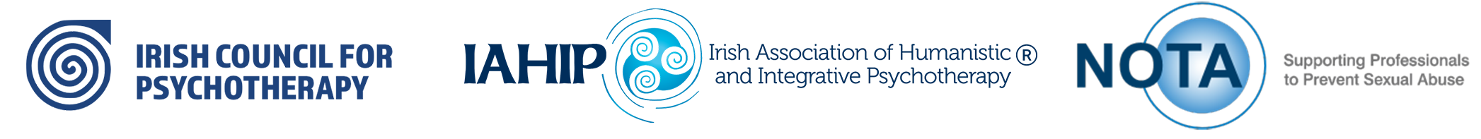 Accreditations - Logos of the Irish Council for Psychotherapy (ICP), Irish Association of Humanistic and Integrative Psychotherapy (IAHIP) and National Organisation for Transgender Equality (NOTA) .