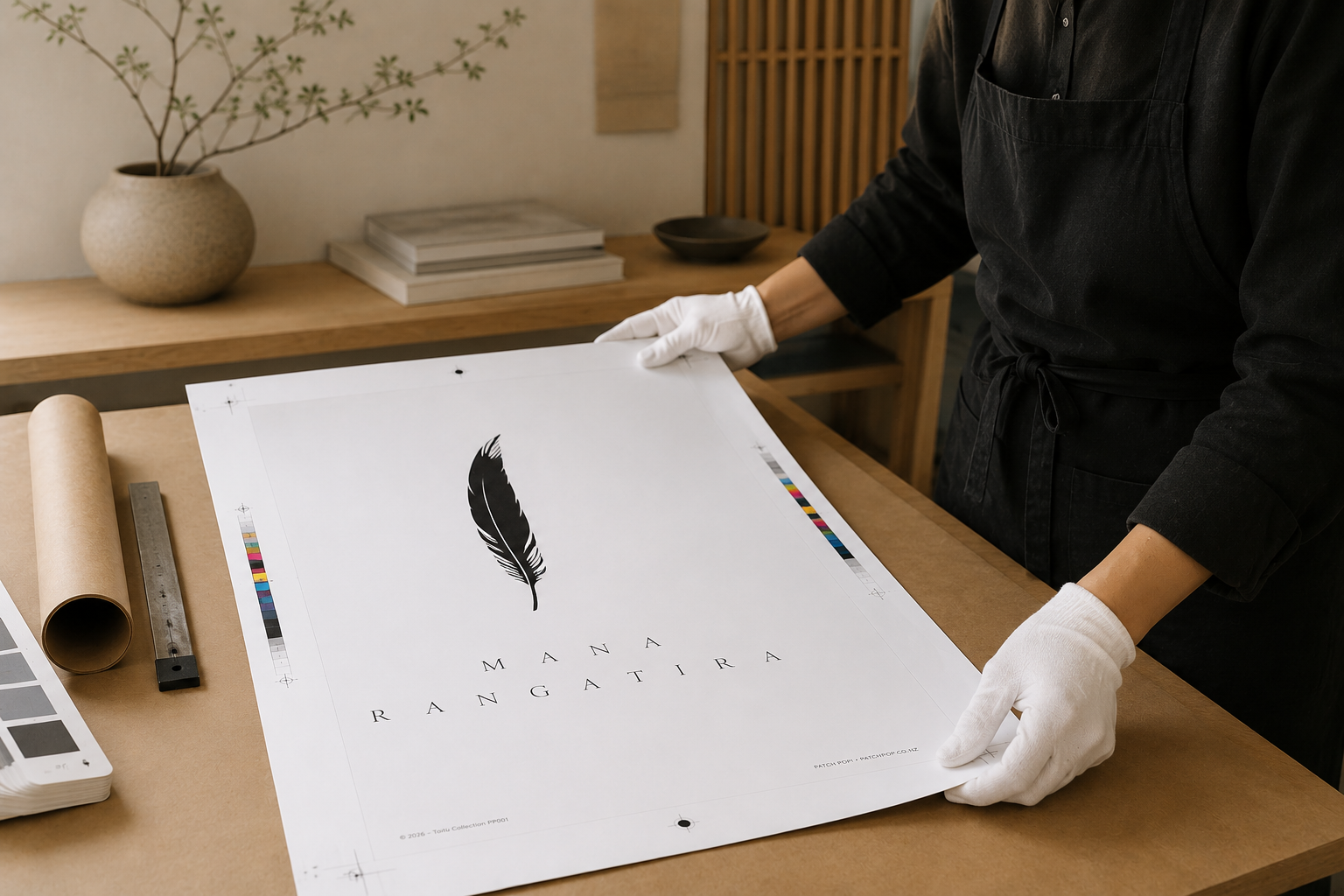 Person wearing white gloves holding a design print featuring a black feather with the text 'MANA RANGATIRA' underneath, on a wood table with color swatches and printing tools.
