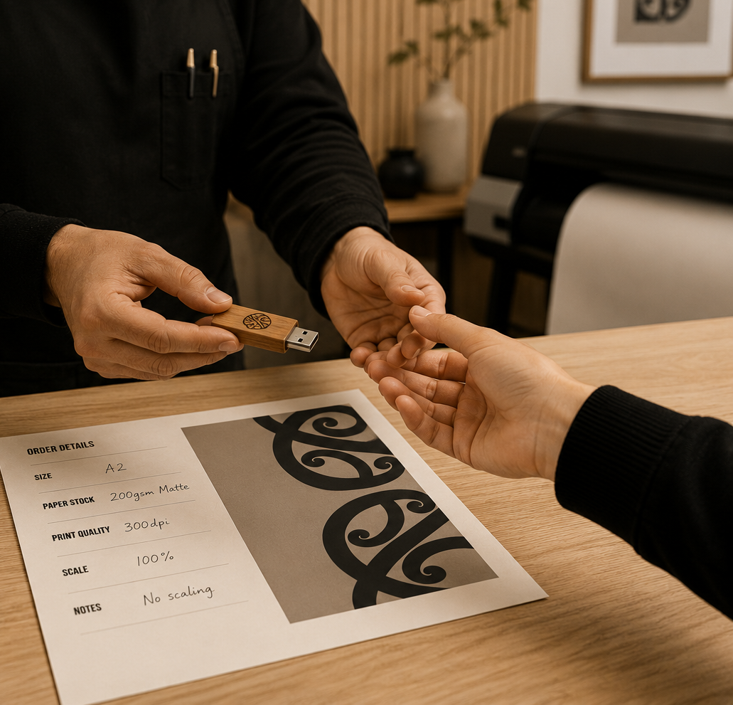 Person handing over a USB drive to another person at a printing shop, with a print order sheet on the table.