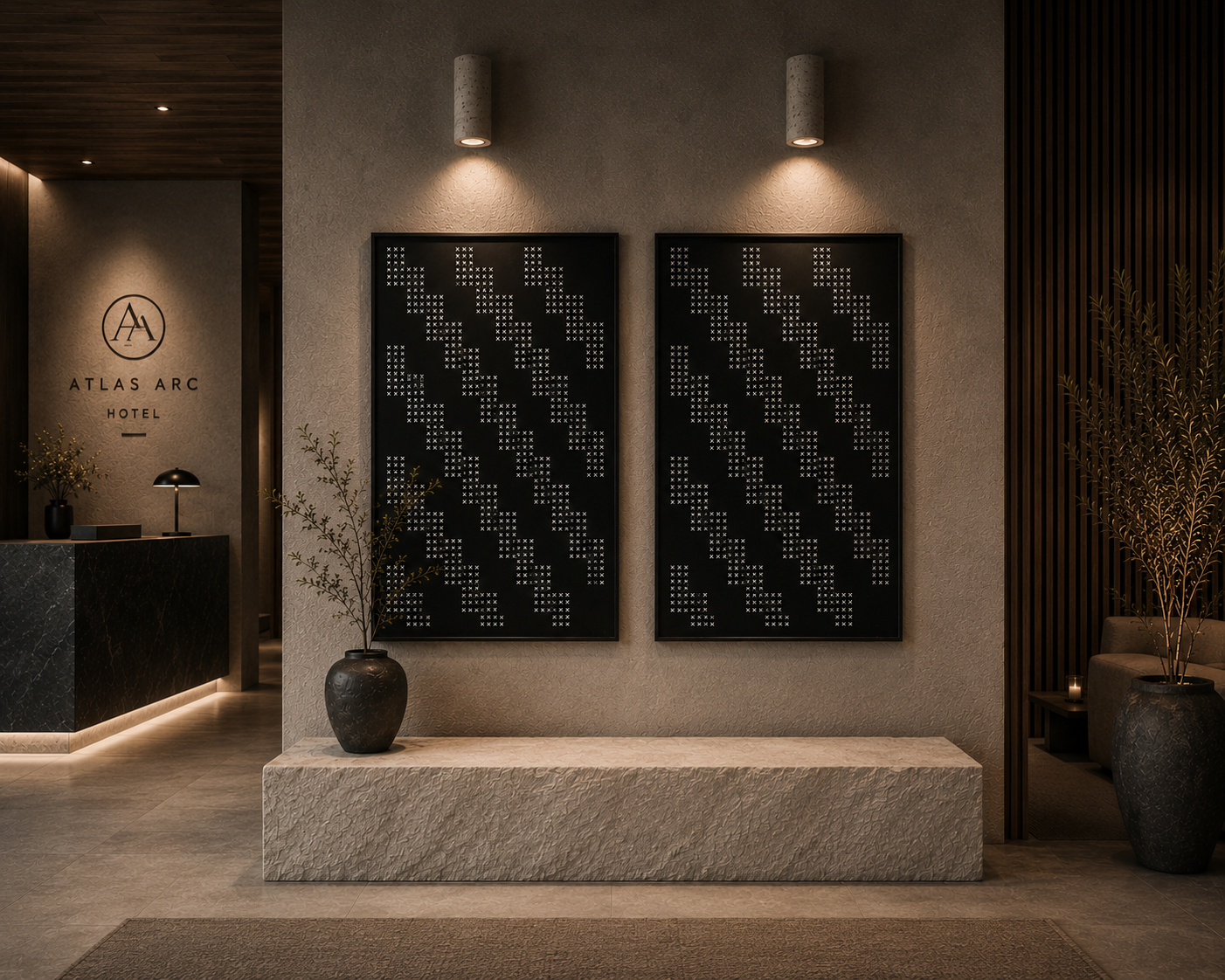 Modern hotel lobby with beige textured walls, black and white geometric art, and large potted plants.