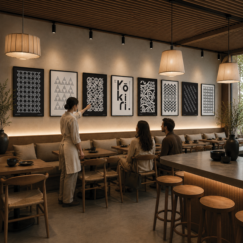A waitress is taking an order from a couple sitting at a table in a modern restaurant with abstract black and white artwork on the wall and warm lighting.