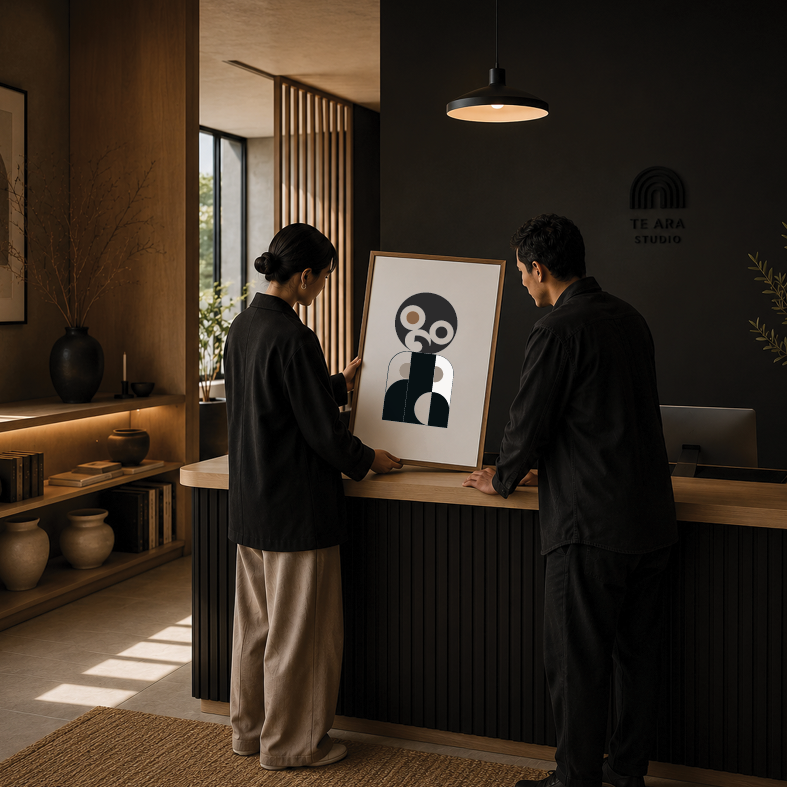 Two people are standing at a reception desk, examining a framed abstract artwork. The scene is inside a modern, warmly lit interior space with wooden accents, decorative vases on shelves, and a sign that says 'TE ARA STUDIO' on the wall.