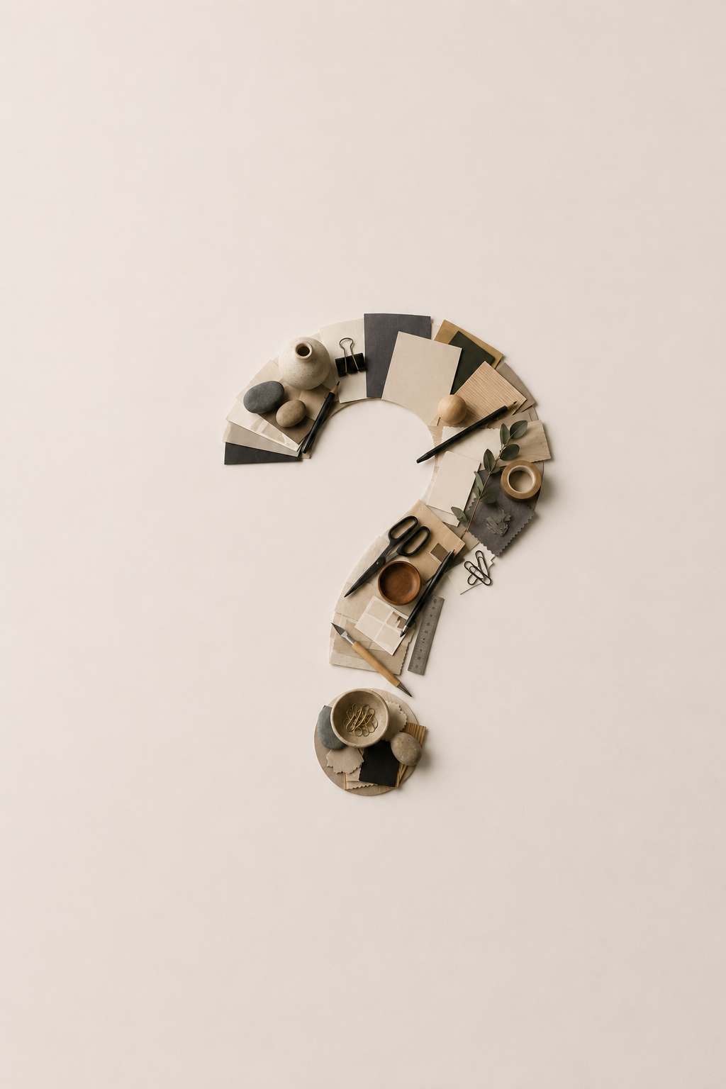 Arrangement of various interior design and crafting materials in the shape of a question mark, including paint swatches, scissors, pencils, paper clips, small bowls, stones, tape, leaves, and rulers on a white background.