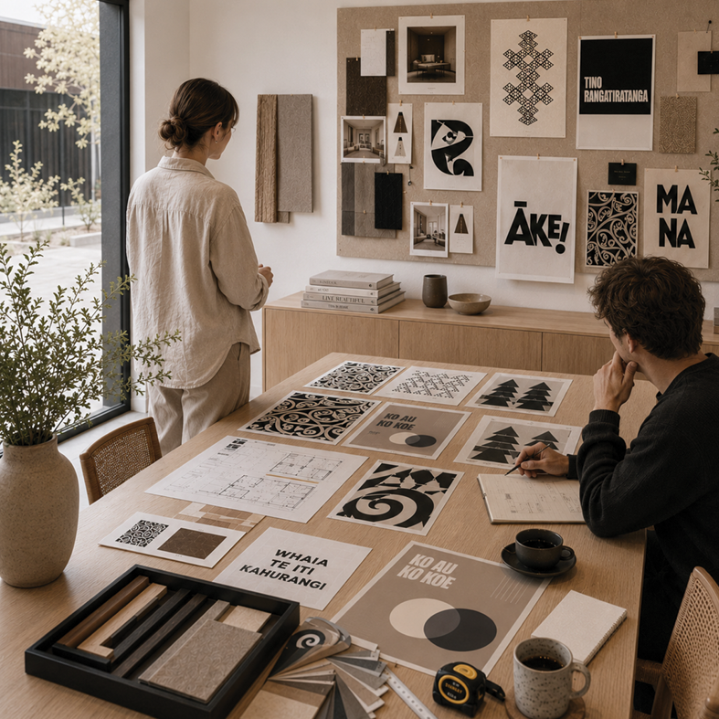 Two people in a modern design studio with a large table and wall art. One person stands by a window looking at samples, while the other sits with designed posters and materials on the table.