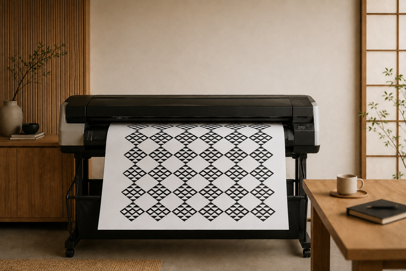 Large black and white printer in a modern office, printing a geometric pattern on paper.