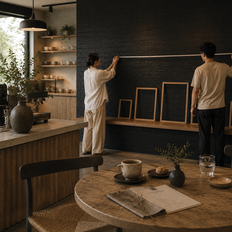 Two people hang picture frames on a black brick wall in a cozy cafe or studio, with a wooden shelf and kitchen area in the background, and a round table with a coffee mug, glass of water, and snacks in the foreground.