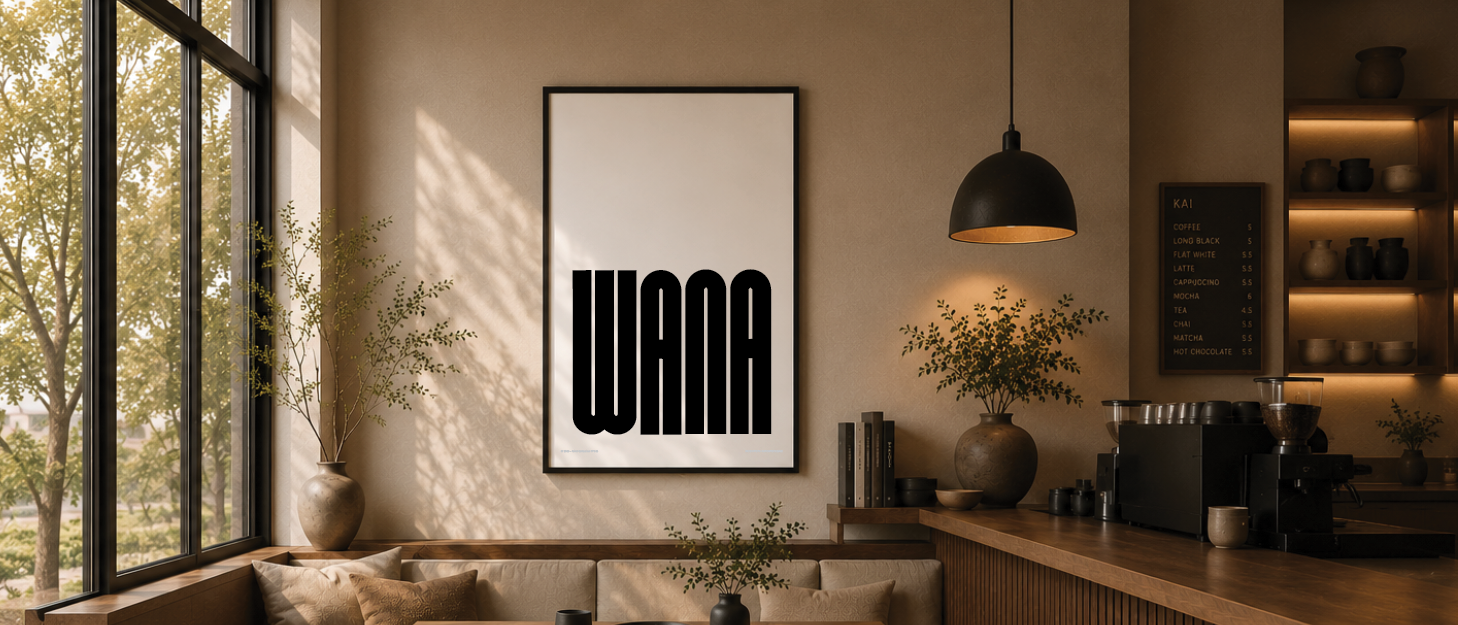 Cozy coffee shop corner with large window, framed artwork reading 'WAK' in bold black letters, barista area with coffee machines, shelves with cups, and decorative plants.