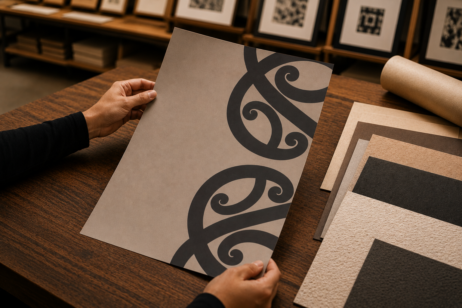 Person holding a sheet of patterned wallpaper in a home decor store, with more wallpaper samples on the table and framed artwork on the wall in the background.