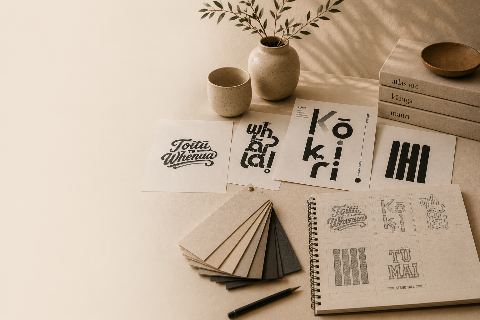 A workspace with printed typography samples, a spiral notebook with hand-drawn letter designs, beige and black color swatches, a pen, a small plant in a textured beige vase, a beige cup, and a stack of beige books with dark covers on a light-colored surface.