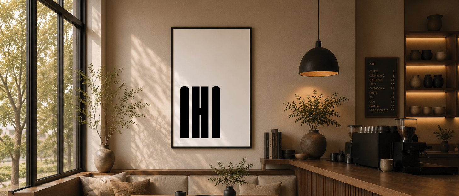 Interior of a cozy cafe with large window, beige walls, minimalist black and white abstract art, potted plants, and a coffee counter with menu board.
