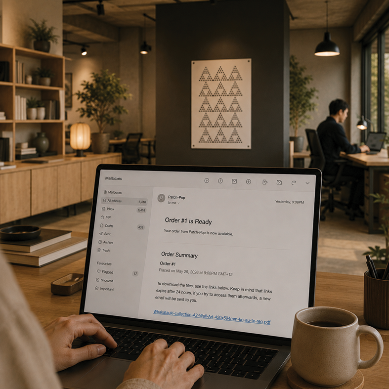 A person working on a laptop in a modern, cozy office with wooden shelves, greenery, a black and white geometric art piece, and other employees working in the background.