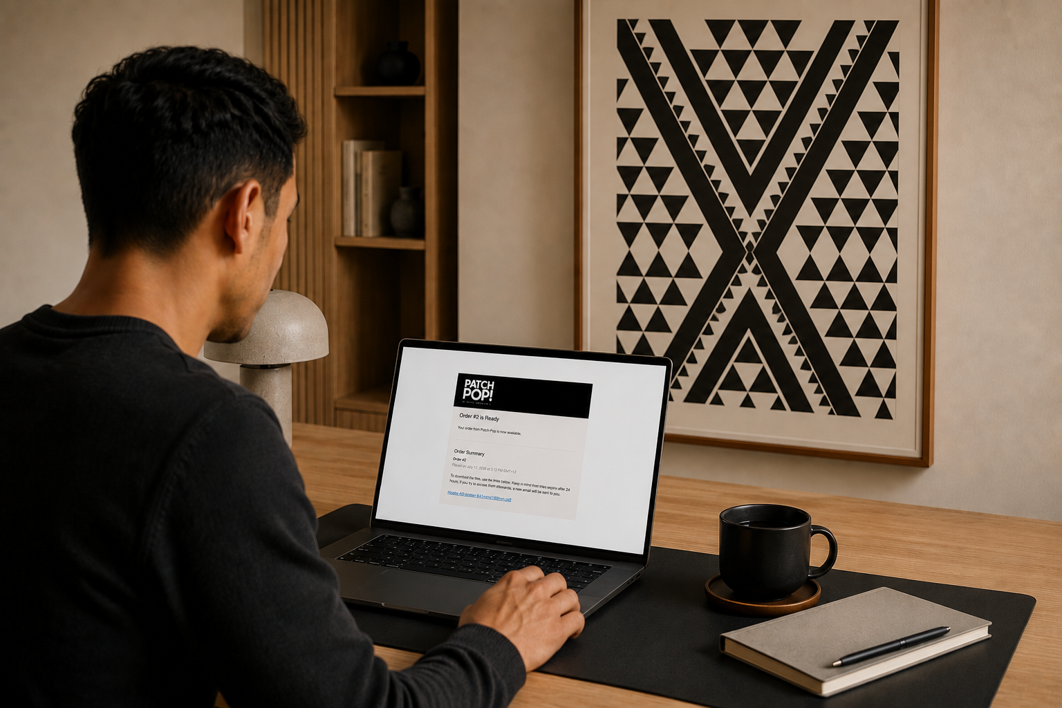 Person working on a laptop with a cup of coffee, notebook, and pen on the desk in a modern room with artwork on the wall