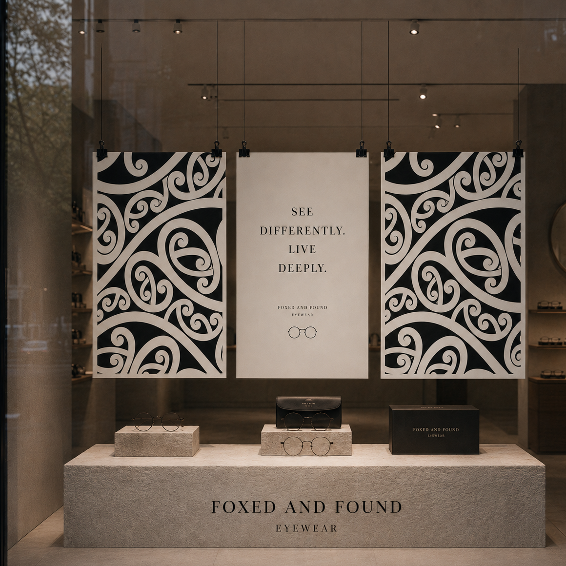 Eyewear display window with three pairs of glasses on a textured white podium, black and white decorative banners, and a sign that reads 'See differently. Live deeply.' for Foxed and Found Eyewear.
