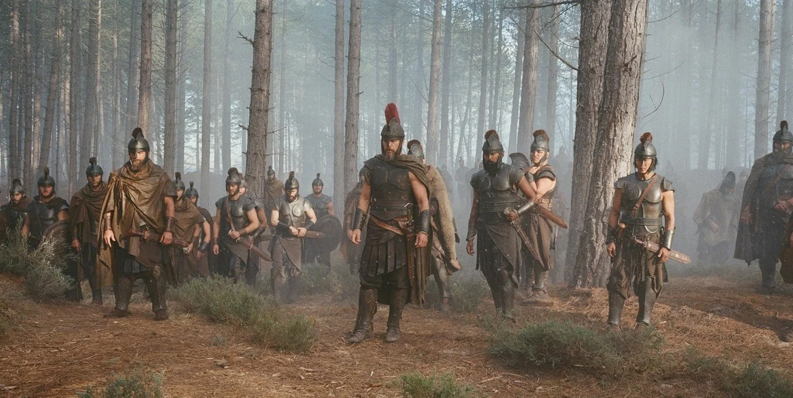 A group of men dressed as ancient Greek warriors walking through a forest, wearing armor and helmets. This is a still from the 2026 movie the Odyssey directed by Christopher Nolan and starring Matt Damon.