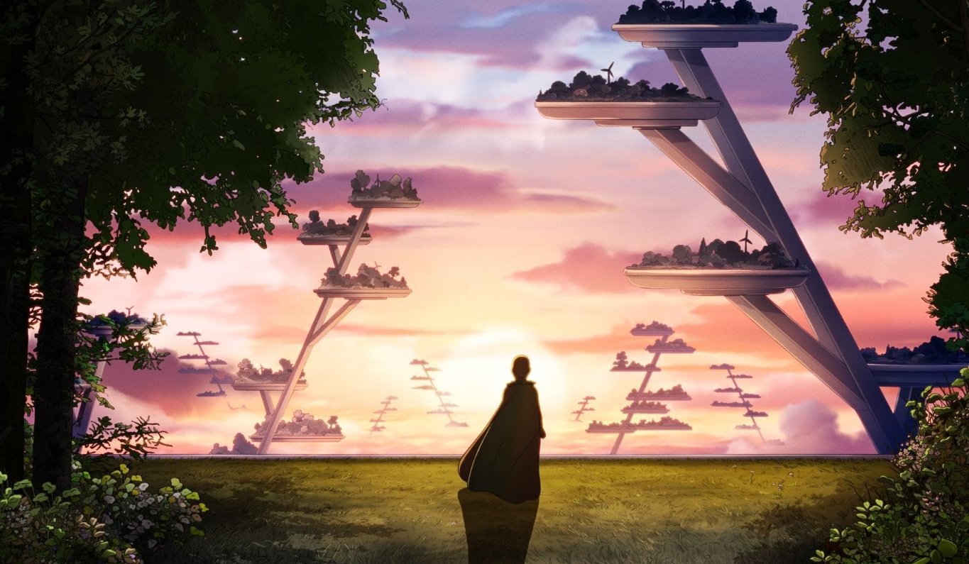 A person standing outside at sunset, looking at large futuristic structures resembling solar panels with trees and flowers in the foreground. this is a scene from the French animated film Arco from 2025, starring Mark Ruffalo and Natalie Portman.