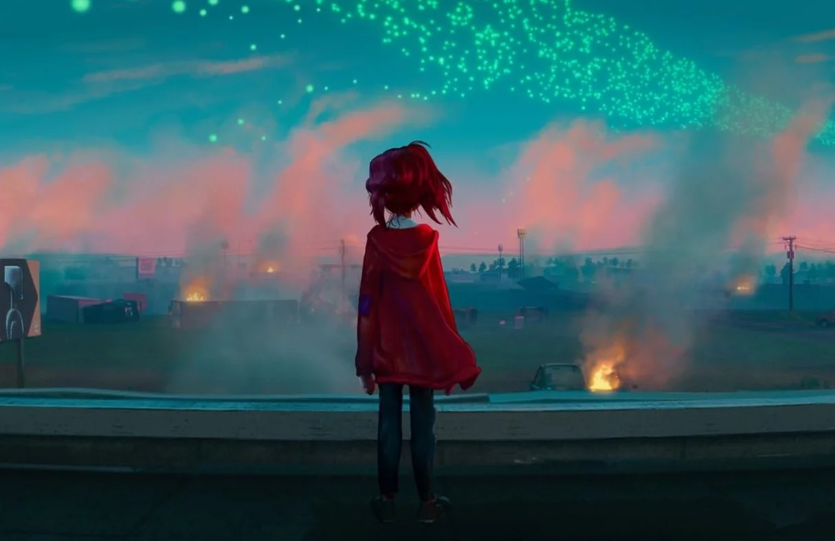 A still from the 2021 film The Mitchell's Vs the Machines. A girl with red hair wearing a red hoodie stands on a rooftop, looking at a surreal scene of glowing green orbs in the sky and smoke rising over a city with fires below.