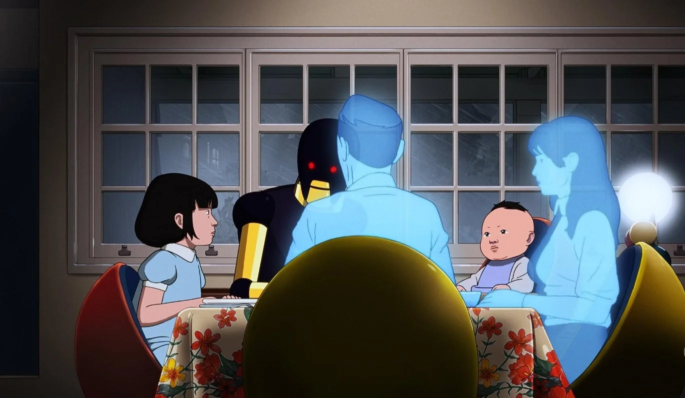 Animated scene of five characters sitting around a dining table, two are human, two are blue holograms and one is a robot who is black and yellow, they are sitting at at a dinner table. This is a scene from the 2025 French animated film Arco.