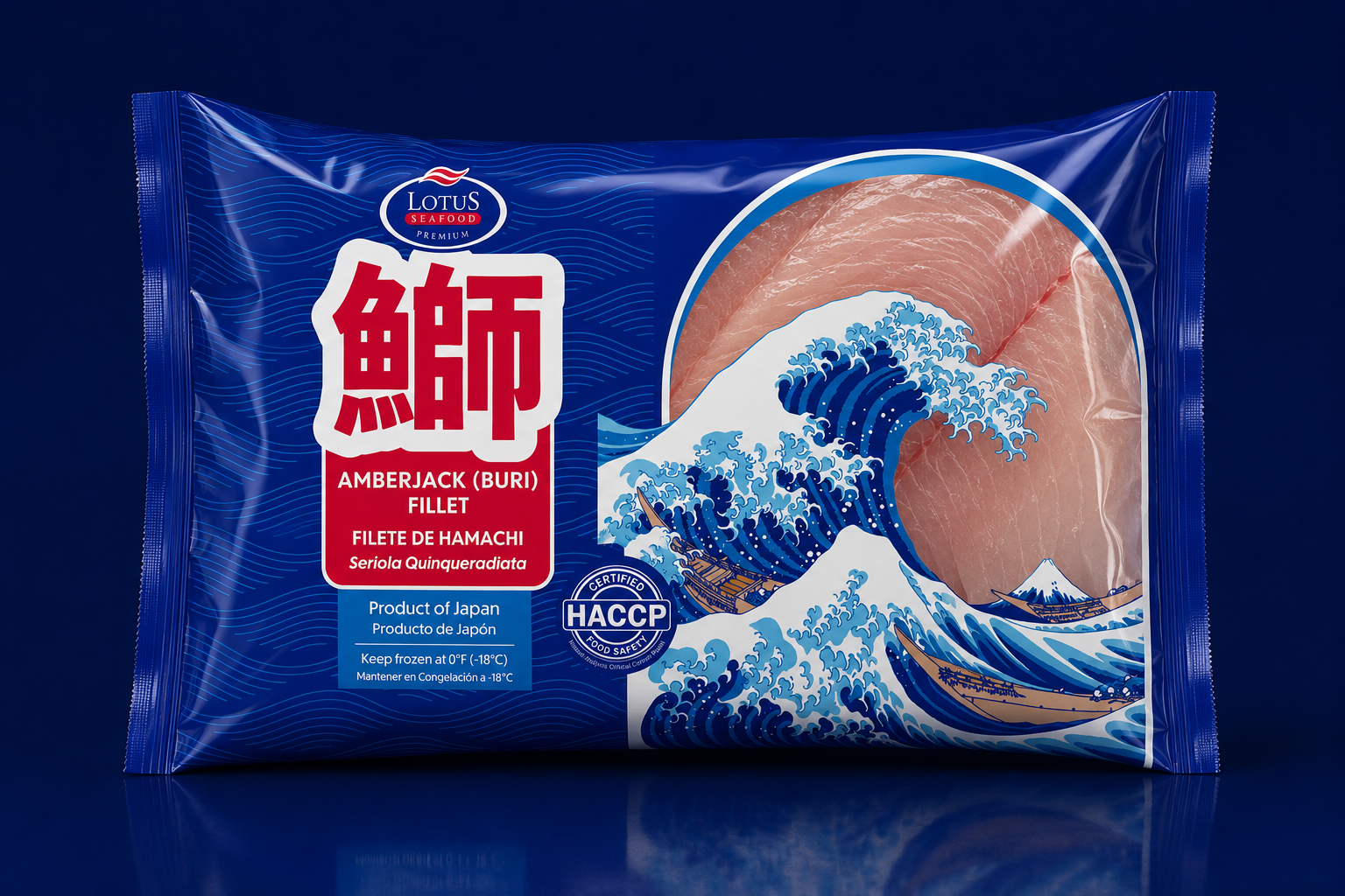 Packaging of Japanese amberjack (buri) fillet with traditional wave design and text indicating product details and branding. Marcin Regucki, Projektowanie opakowan, branding, brand strategy, packaging design, Pictoo, brand design, projekt opakowania