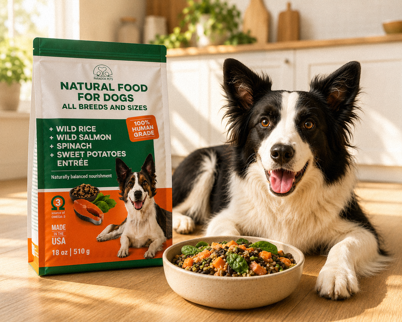 Green and orange bag of natural dog food with ingredients like wild rice, wild salmon, spinach, and sweet potatoes. Marcin Regucki, Projektowanie opakowan, branding, brand strategy, packaging design, mushroom, brand design, projekt opakowania, Pictoo