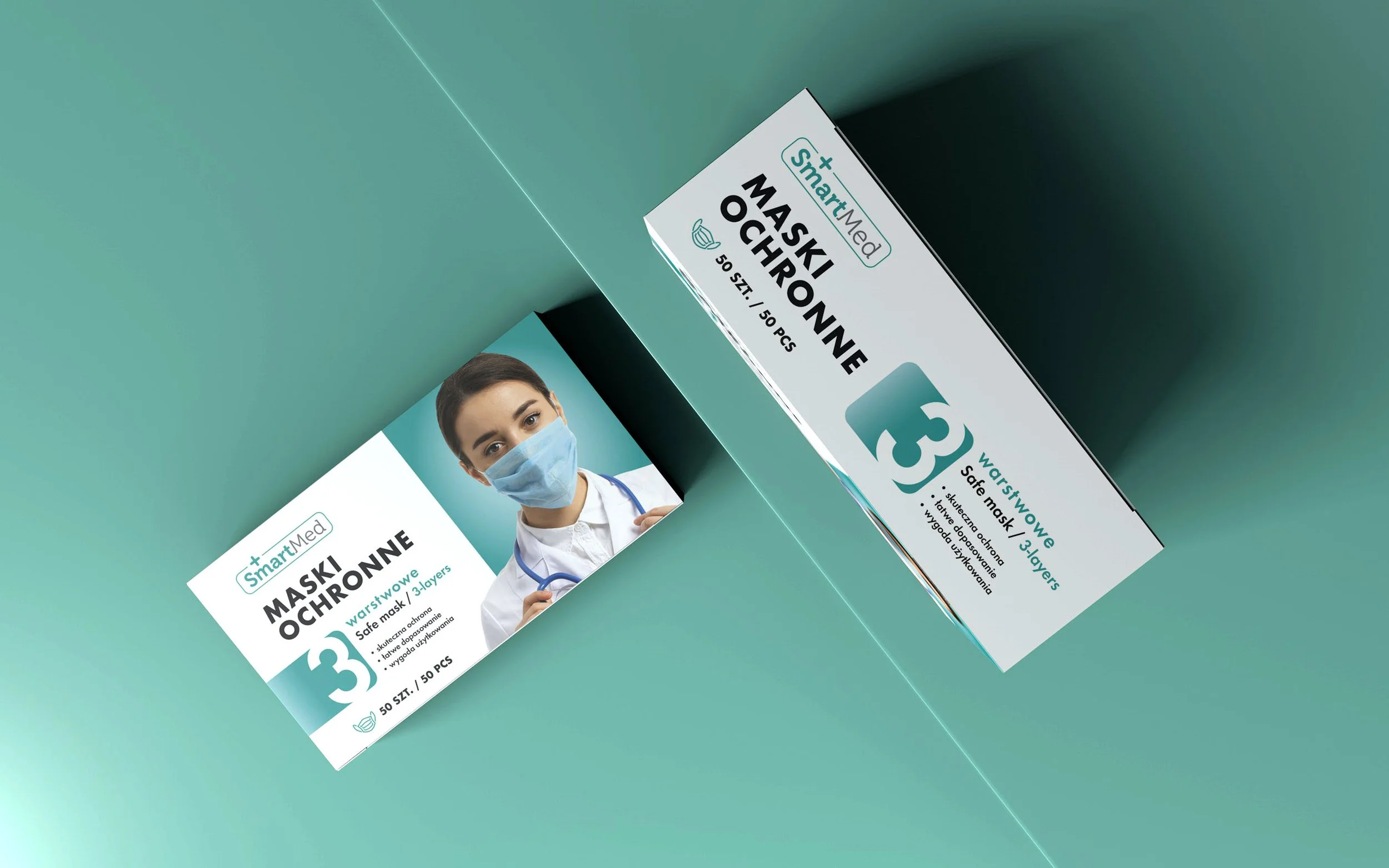 Packaging des of 50 disposable medical masks with teal and white packaging, SmartMed. Marcin Regucki, Projektowanie opakowan, branding, brand strategy, packaging design, brand design, projekt opakowania, Pictoo Studio, Lodz, Warszawa, visual identity