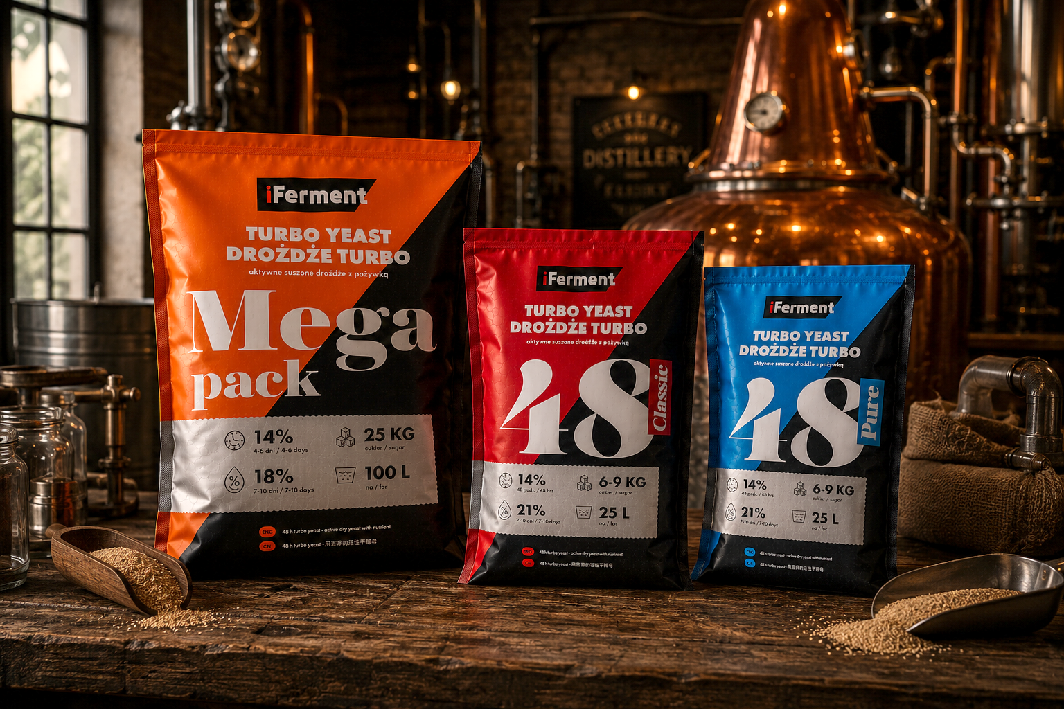 Three packages of iFerment Turbo Yeast in orange, red, and blue standing on a wooden surface in a distillery setting.Marcin Regucki, Projektowanie opakowan, branding, brand strategy, packaging design, brand design, projekt opakowania, Pictoo, Lodz