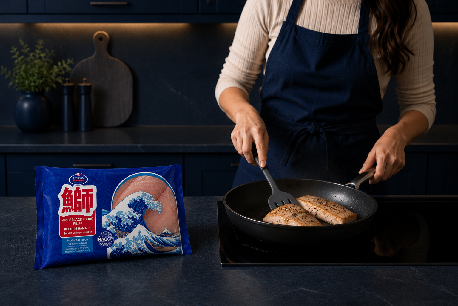 Lotus Seafood Amberjack Fillet packaging design being prepared