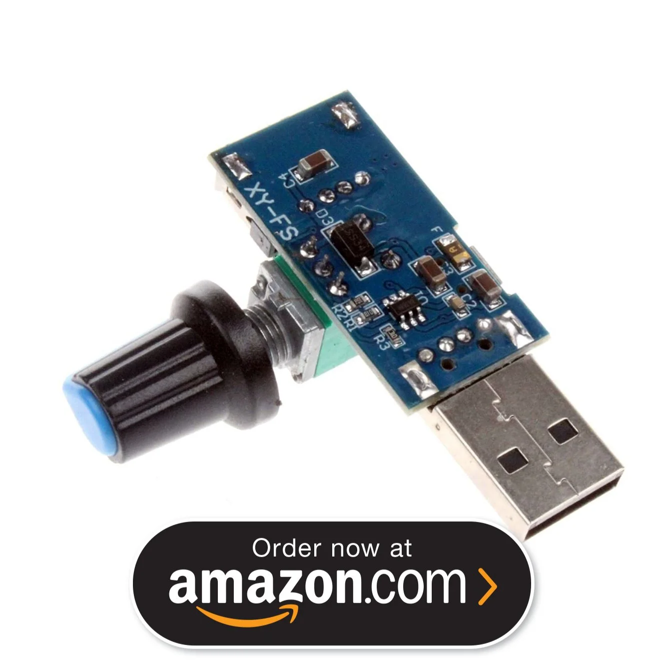 A USB flash drive with a circuit board and a black knob attached.