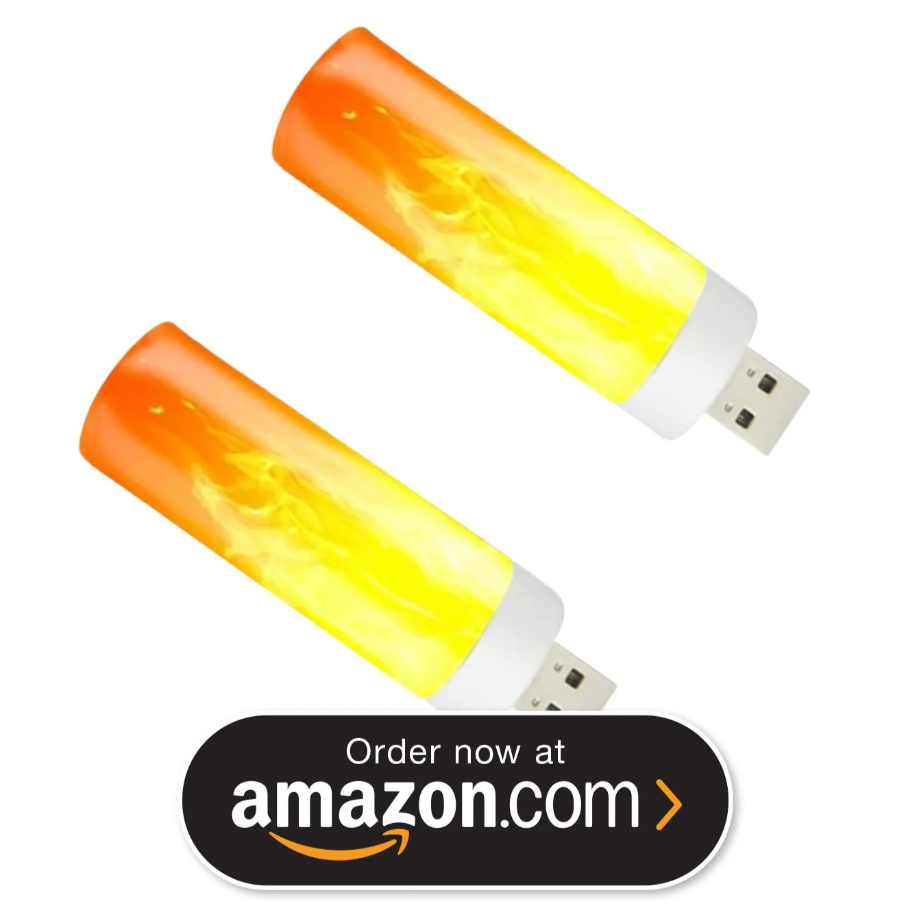 Two USB flash drives with orange and yellow flame design on the exterior, placed above a black banner advertising amazon.com.