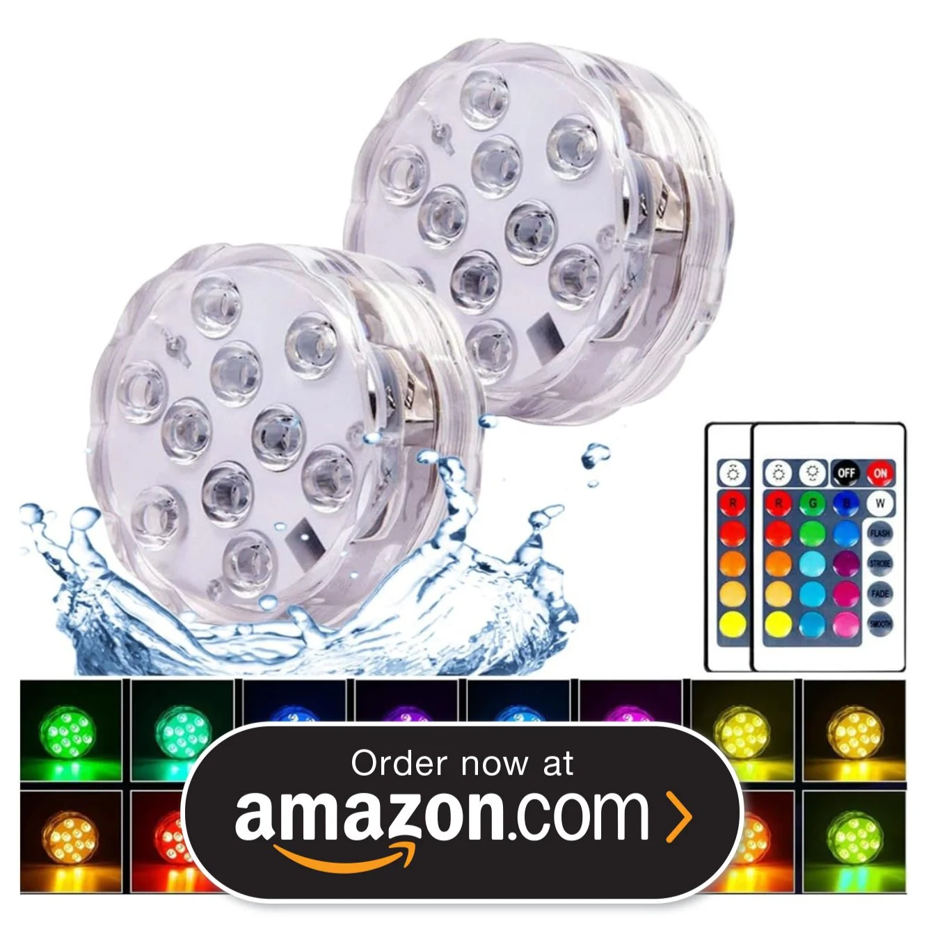 Waterproof LED lights with remote control and color options, displayed with water splash and logo for Amazon.