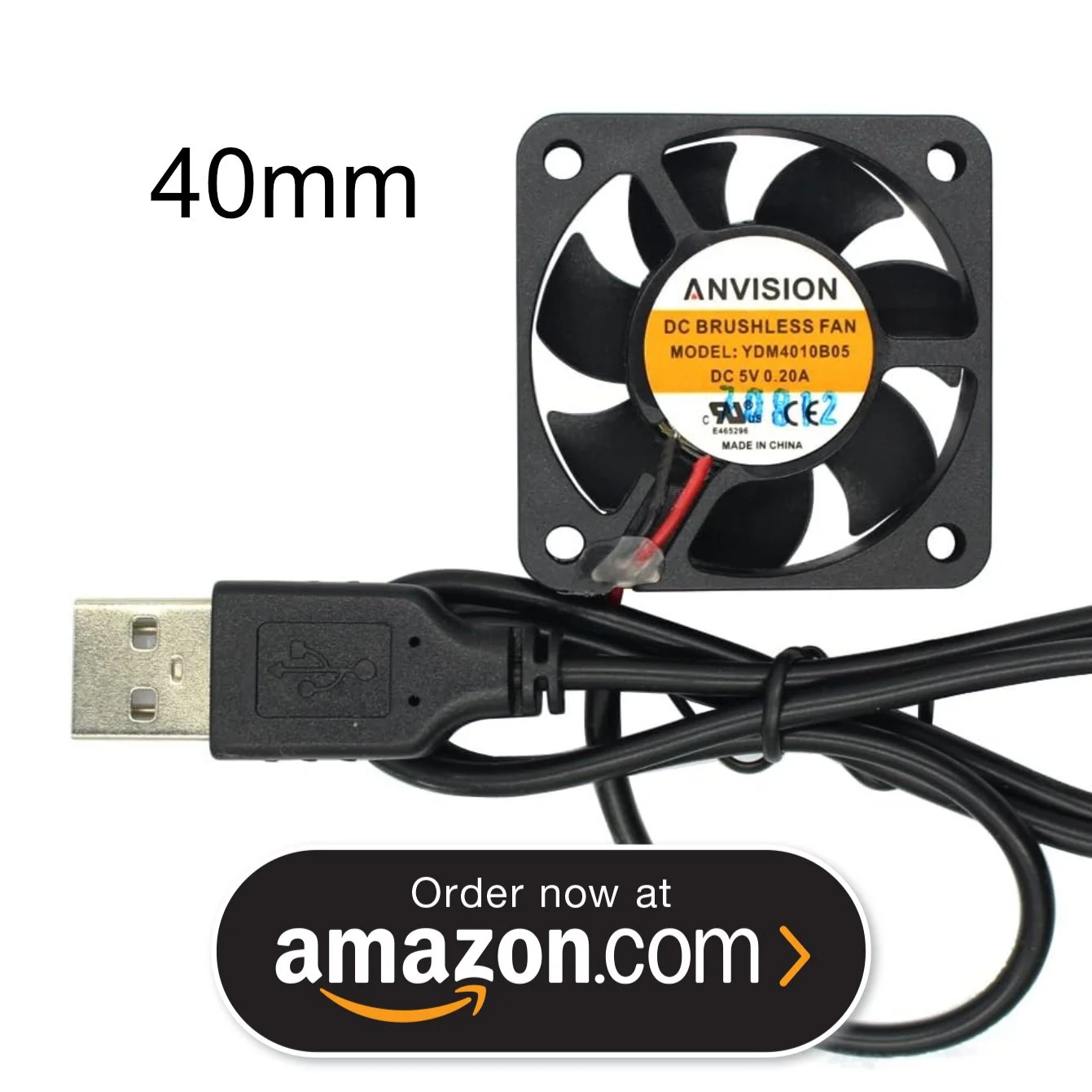 A black computer fan with a yellow label and a USB cable attached, labeled as a 40mm Anvision DC brushless fan, model YDM4010B05, made in China.