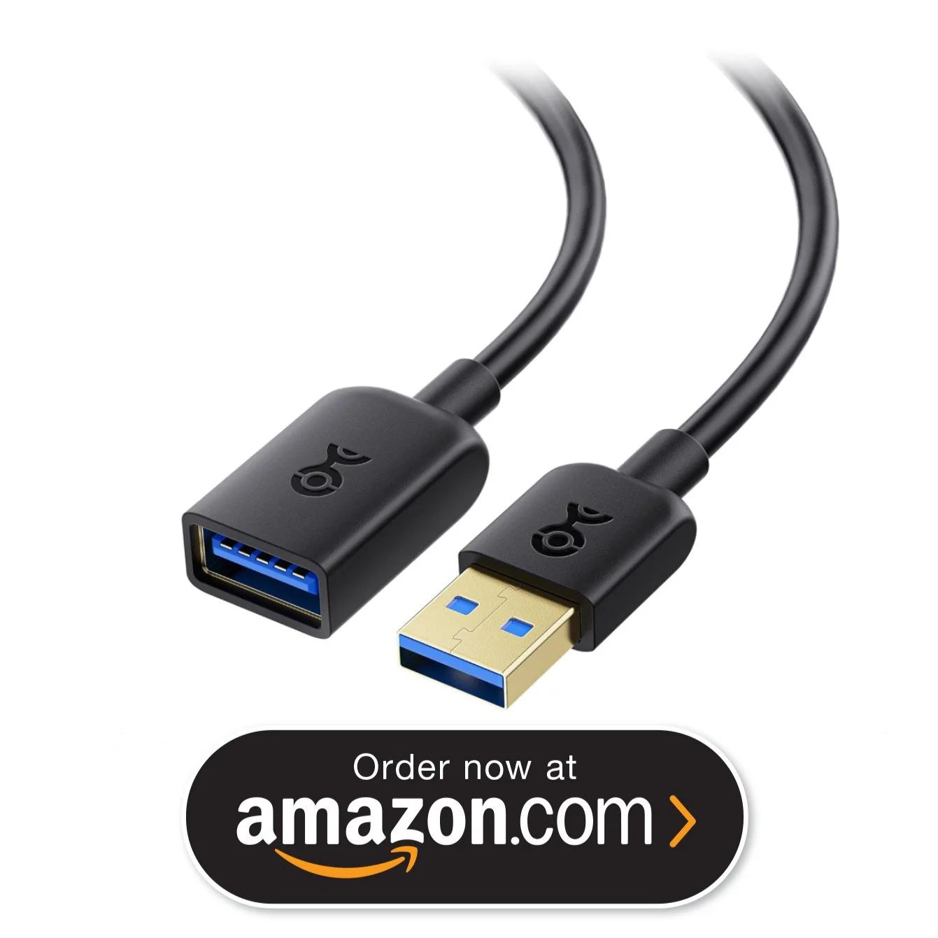 A black USB cable with a USB-A connector and a USB 3.0 extender with a blue interior.