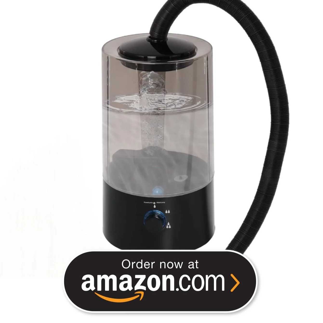 A facial steam vaporizer with a black base, a clear water chamber, and a flexible black hose, set against a plain white background.