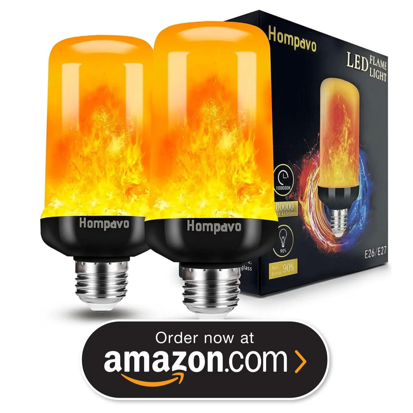 Two flame-shaped LED light bulbs designed to look like flames, with a black base labeled 'Hompavo', placed next to a box featuring the same bulb design. The packaging indicates energy savings, long lifespan, and compatibility with E26/E27 sockets, and promotes ordering on Amazon.