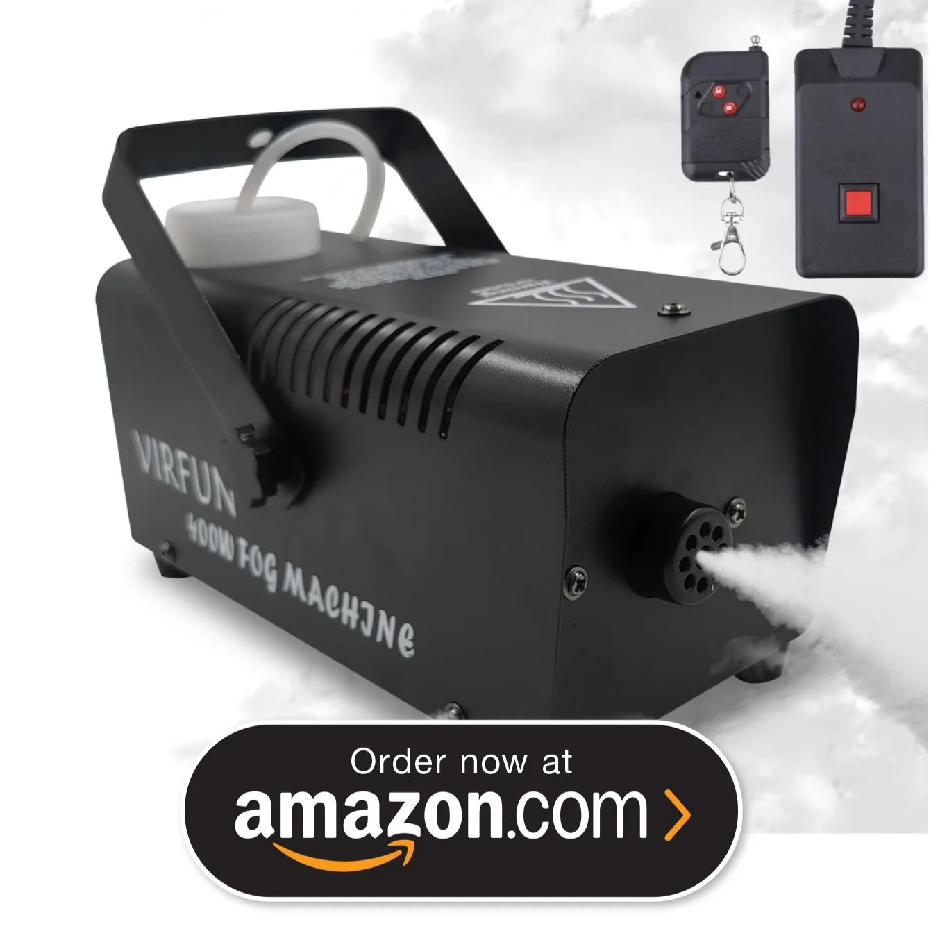 A fog machine labeled 'VIRFUN 400W FOG MACHINE' with a fog output nozzle, a power cord, and remote control devices floating in the air amidst clouds.