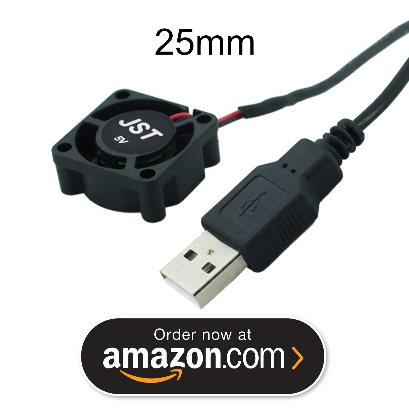 Small black computer cooling fan connected to a USB cable with an Amazon advertisement overlay.