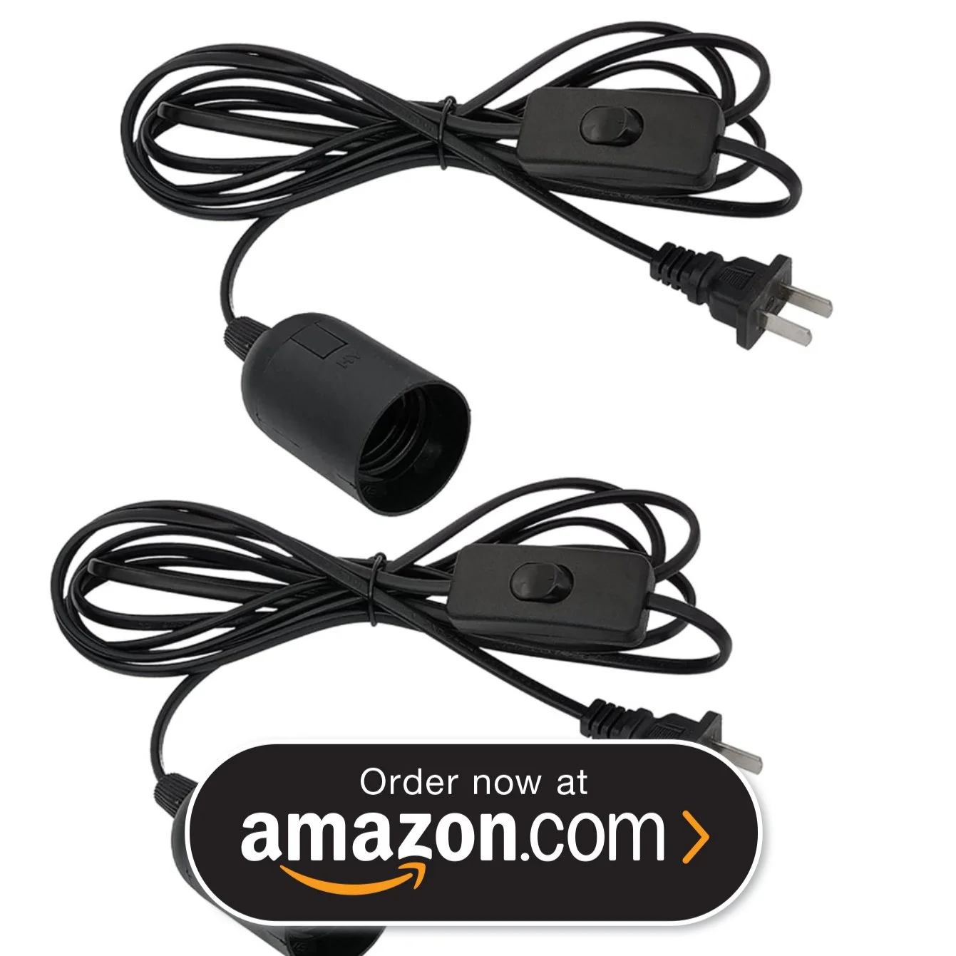 Two black electrical cords with switches and plugs, and a black device in the center, surrounding a black advertisement banner for Amazon with text 'Order now at amazon.com'.