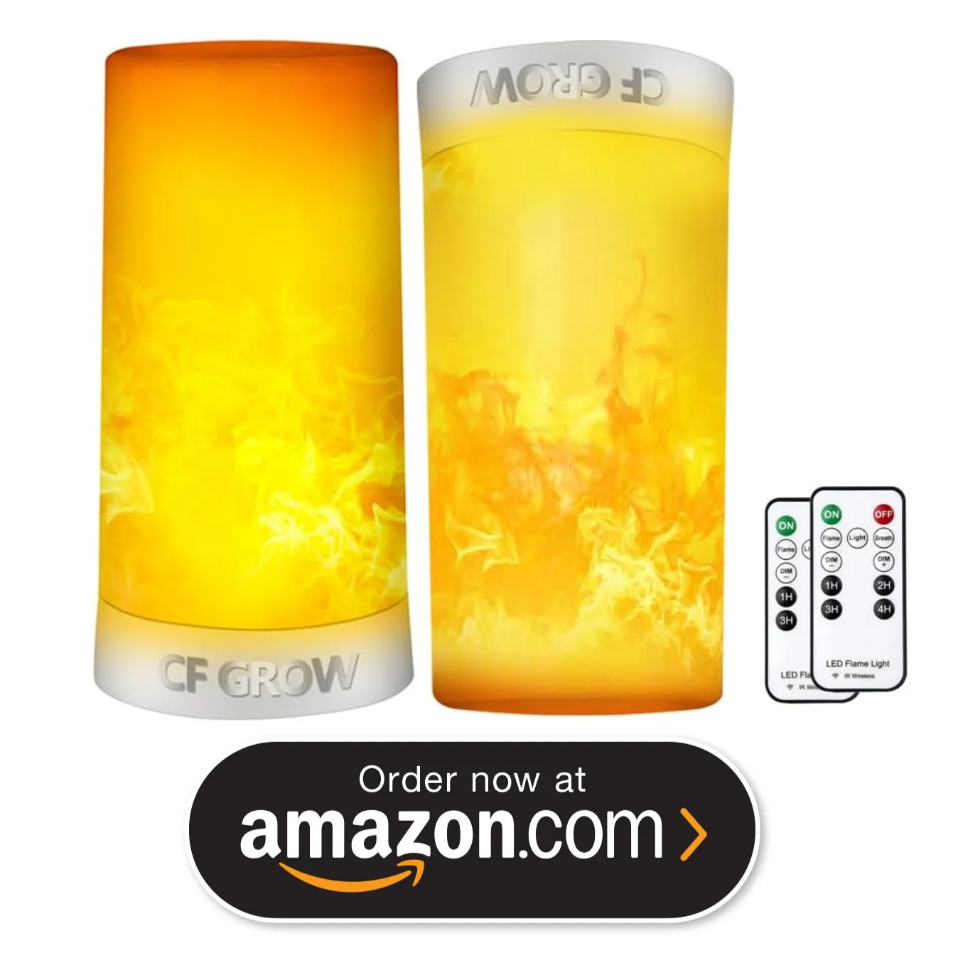 A cylindrical decorative lamp with a yellow and orange fiery design, a remote control with various buttons, and a promotional message for Amazon.com.
