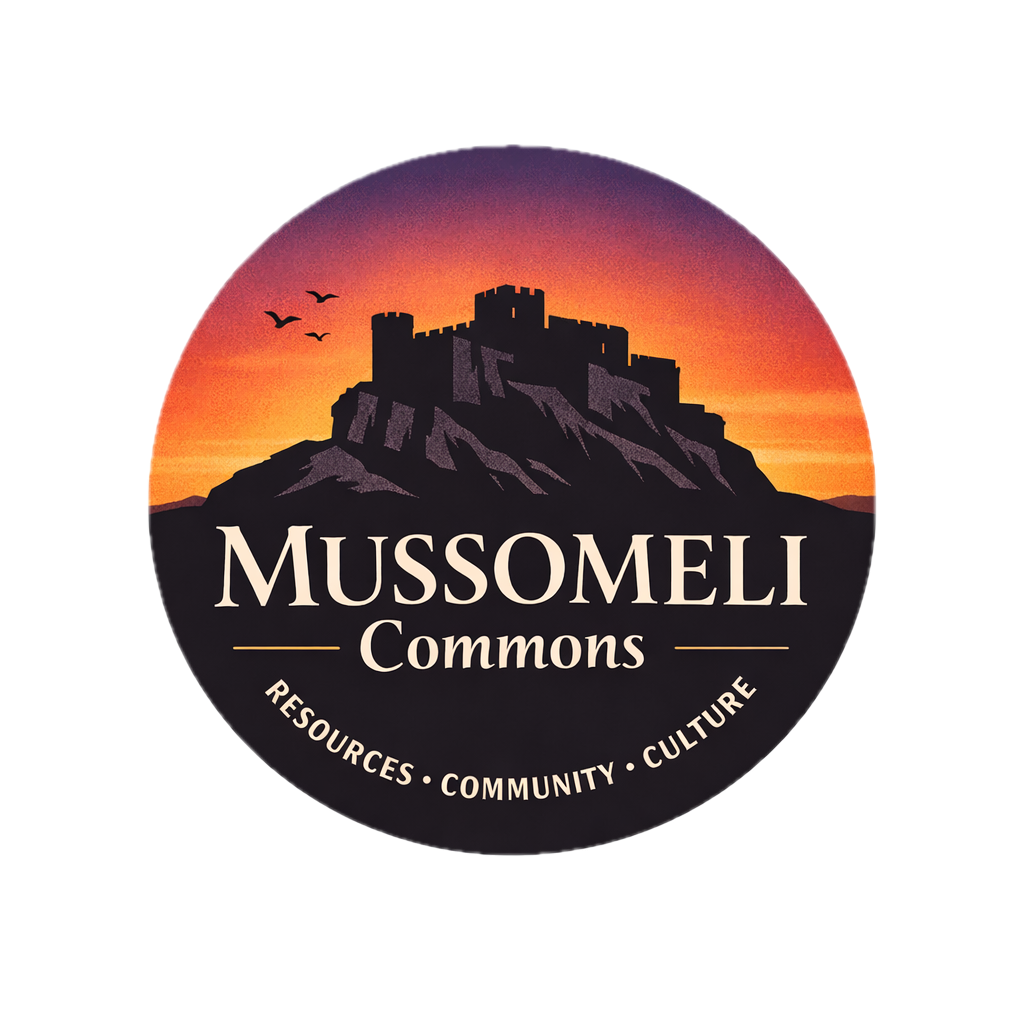 Logo for Mussomeli Commons depicting a castle on a hill at sunset with birds flying in the sky, and the words 'RESOURCES', 'COMMUNITY', 'CULTURE' around the bottom.