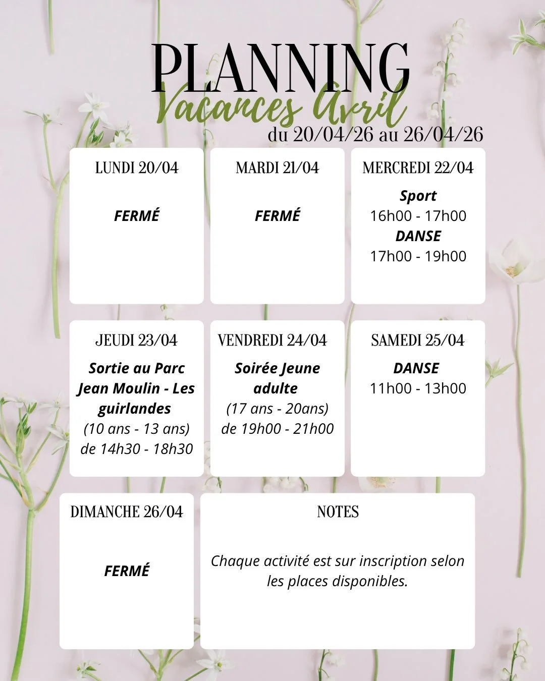 👉 Ne manquez pas nos activit&eacute;s de printemps 💐 D&eacute;couvrez notre planning et inscrivez-vous vite &agrave; vos moments pr&eacute;f&eacute;r&eacute;s !