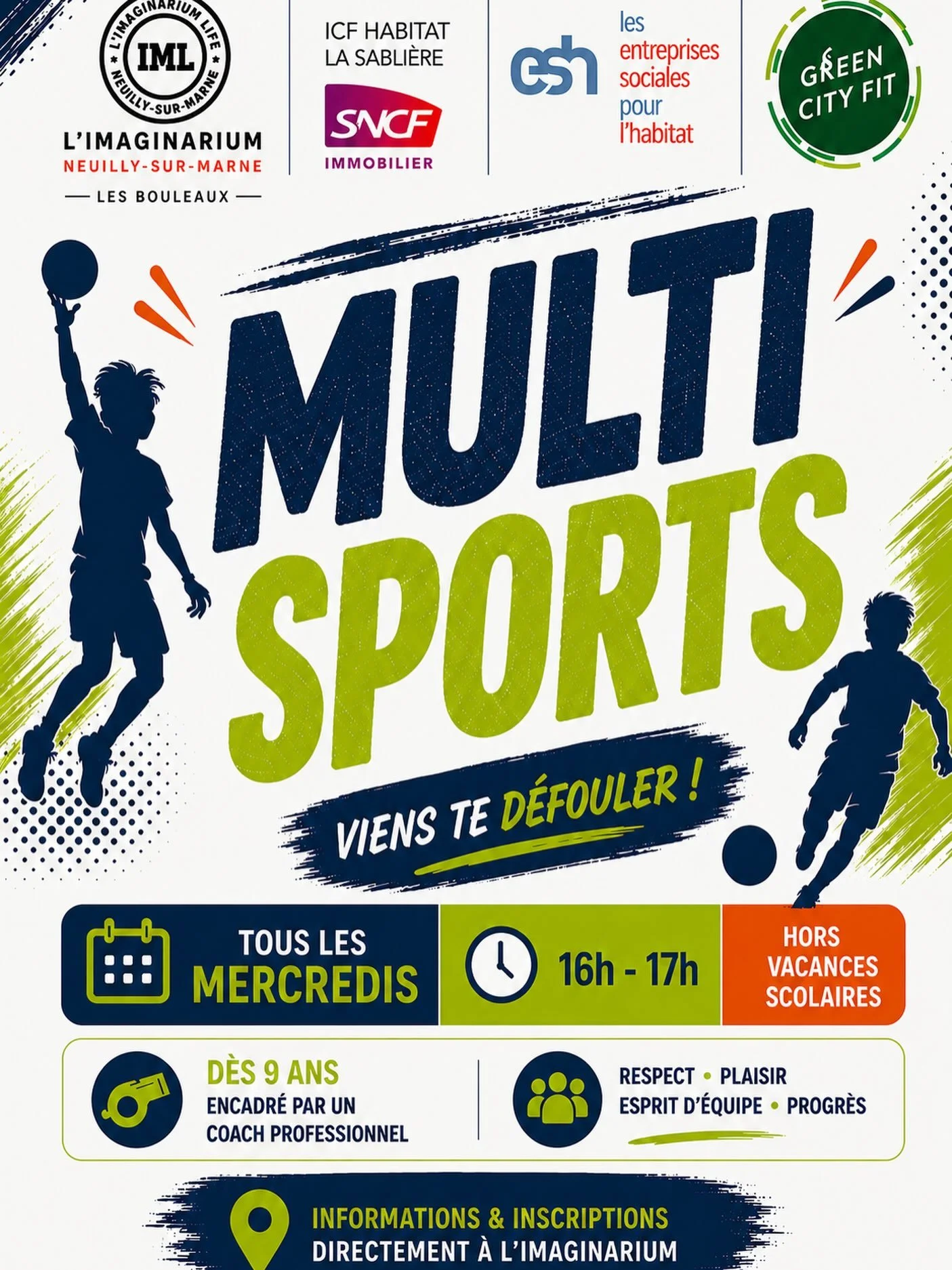 Rejoins la team multisport d&egrave;s ce mercredi et viens t&rsquo;amuser avec nous ! 🏀⚽️🏃&zwj;♀️

Inscriptions et renseignements en DM ou directement &agrave; L&rsquo;Imaginarium.

Avec notre partenaire @green_city_fit 💪🏼