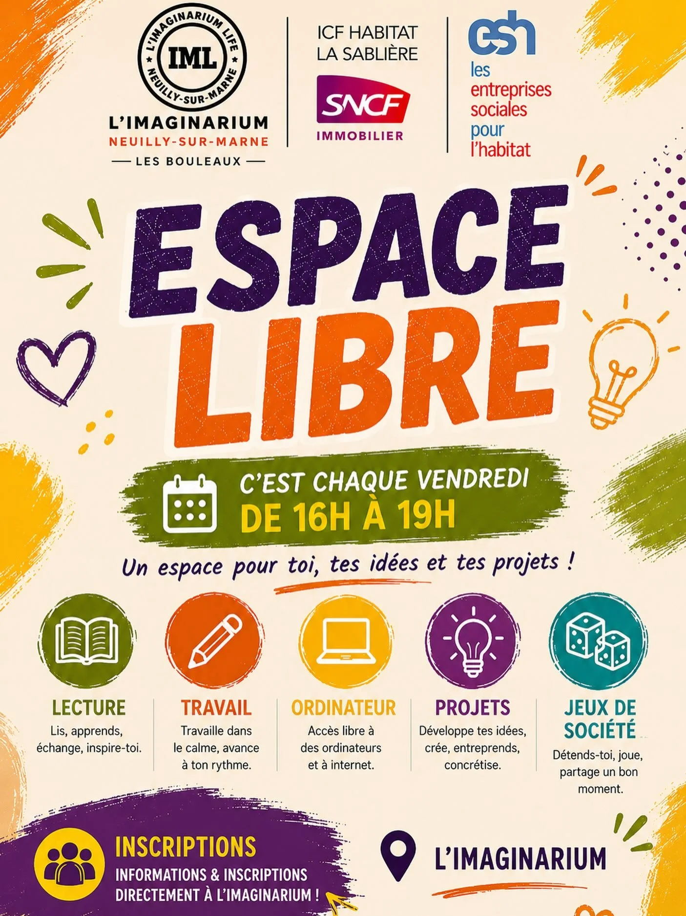 Espace Libre, votre nouveau rendez-vous du vendredi &agrave; L&rsquo;Imaginarium ! ✨

Un espace ouvert pour vous retrouver, &eacute;changer, cr&eacute;er, apprendre, vous d&eacute;tendre ou simplement profiter d&rsquo;un moment convivial. Chacun est 