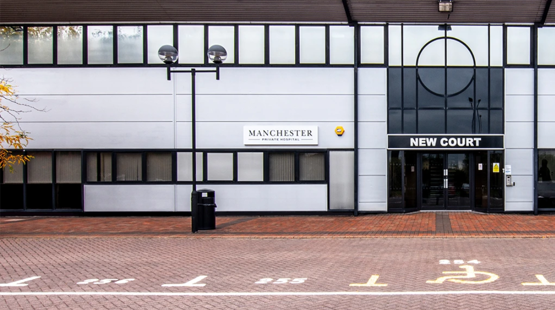 Main entrance of Manchester Private Hospital, providing accessible and welcoming private healthcare in Manchester