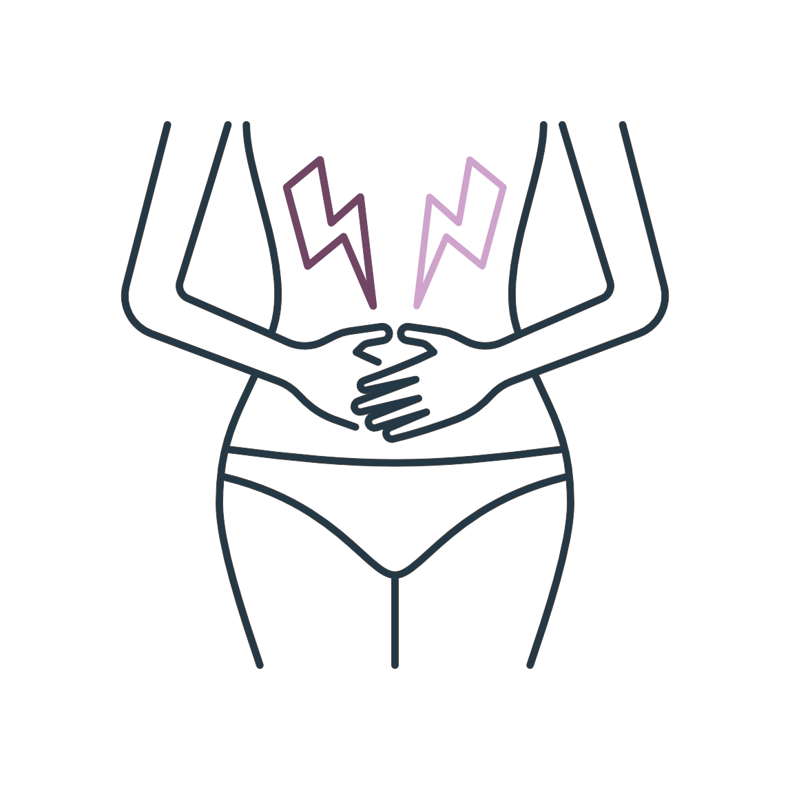 A line drawing of a woman holding her stomach, with two lightning bolts above her abdomen indicating pain.