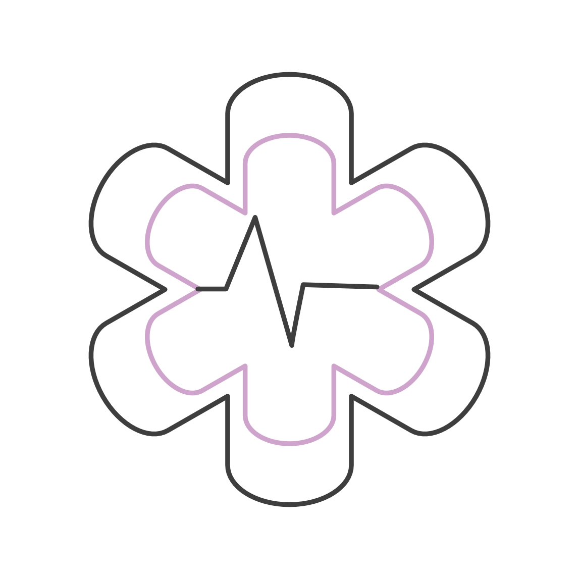 Neon outline of a six-petaled flower with a heart rate line inside, on a black background.