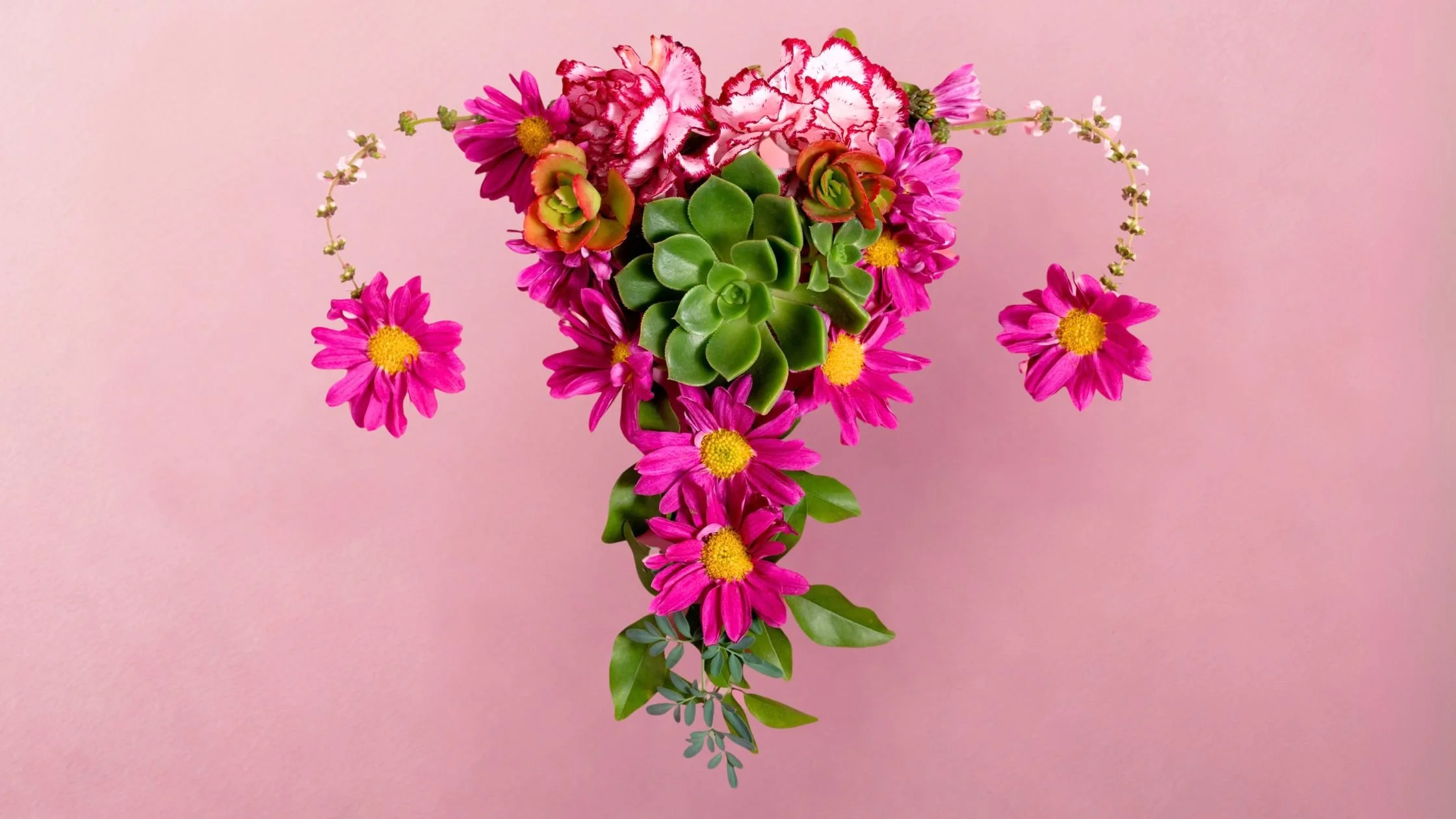 Flowers arranged in the shape of a uterus, representing the MyoSure procedure for targeted removal of fibroids and polyps causing abnormal uterine bleeding