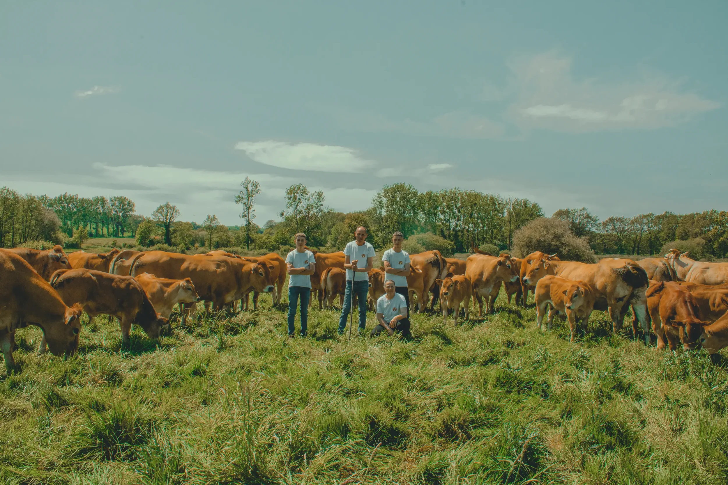 Image de la famille Fraleux, éleveur de vaches allaitantes en race Partenaire à Corps-Nuds, au milieu de leurs vaches dans un champs.