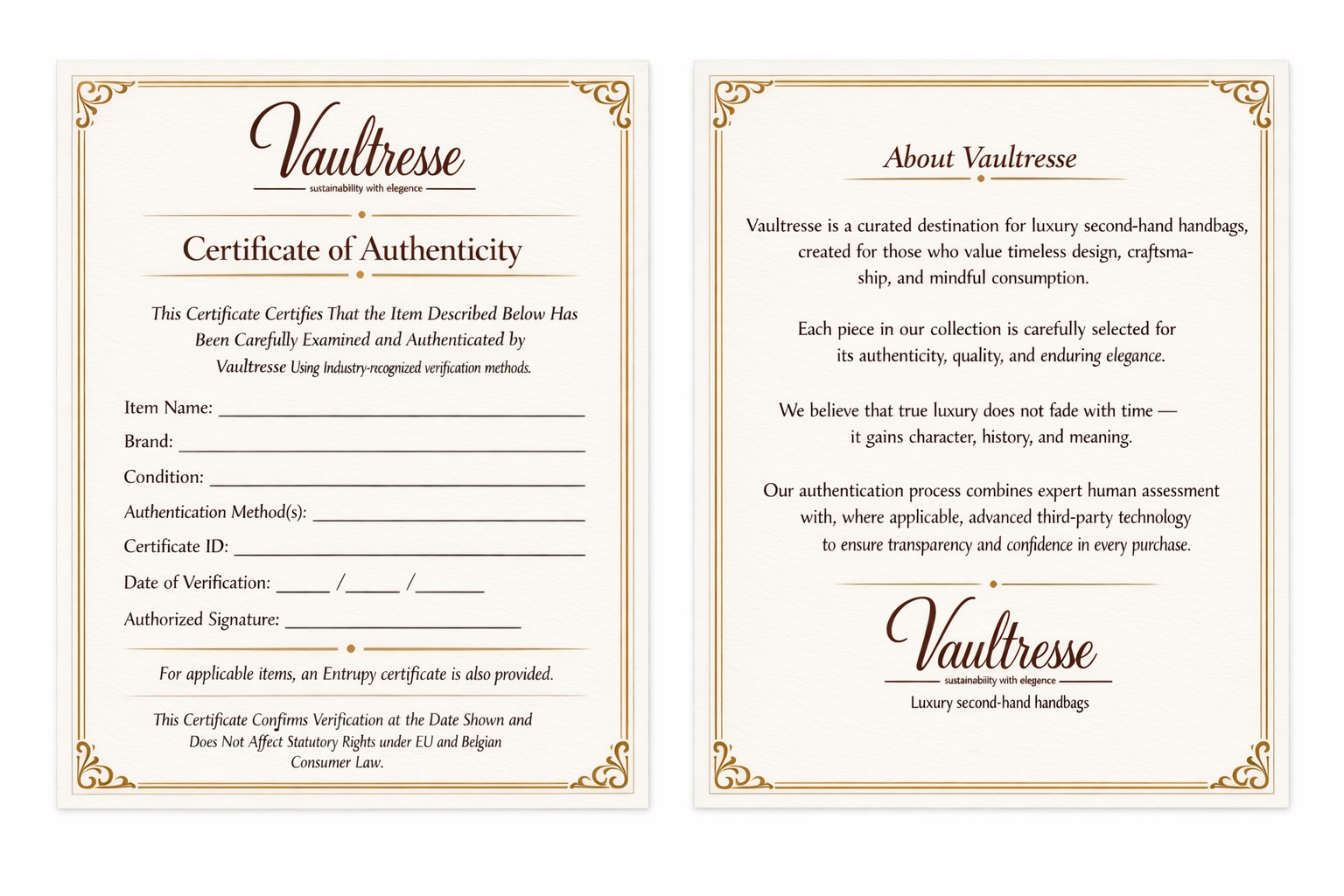 Two pages of a certificate and information about luxury second-hand handbags, with a decorative border and elegant font.